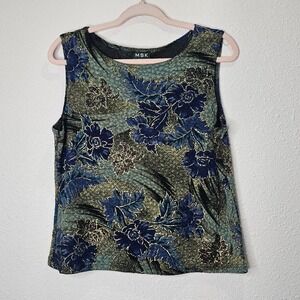 MSK Floral Tank‎ Top Womens XL Sleeveless Blouse Blue Gold Metallic Shimmery